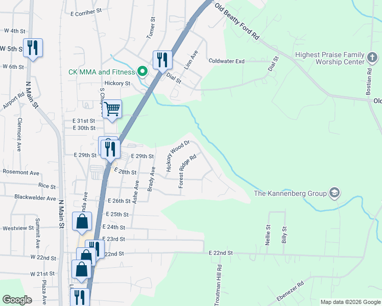 map of restaurants, bars, coffee shops, grocery stores, and more near 226 Hickory Wood Drive in Kannapolis