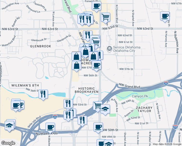 map of restaurants, bars, coffee shops, grocery stores, and more near 1131 Northwest 56th Street in Oklahoma City