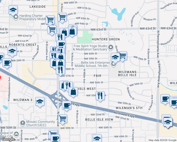 map of restaurants, bars, coffee shops, grocery stores, and more near 2628 Northwest 58th Street in Oklahoma City