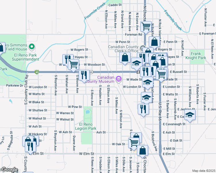 map of restaurants, bars, coffee shops, grocery stores, and more near 700 West London Street in El Reno