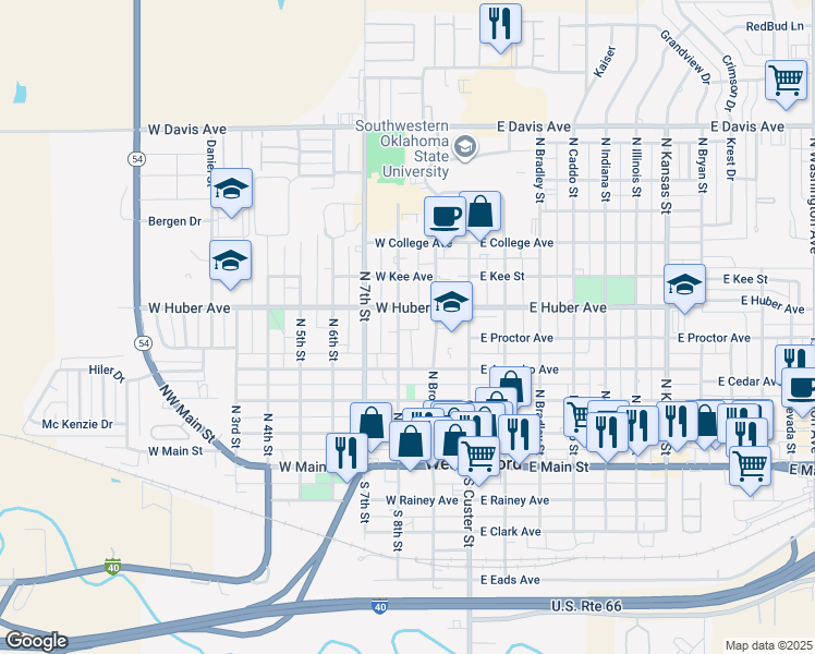 map of restaurants, bars, coffee shops, grocery stores, and more near 516 North 8th Street in Weatherford