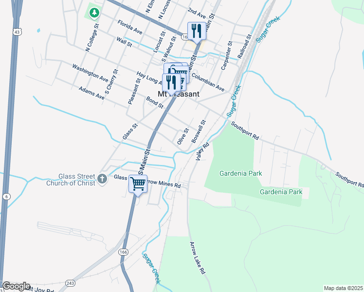 map of restaurants, bars, coffee shops, grocery stores, and more near 221 Olive Street in Mount Pleasant