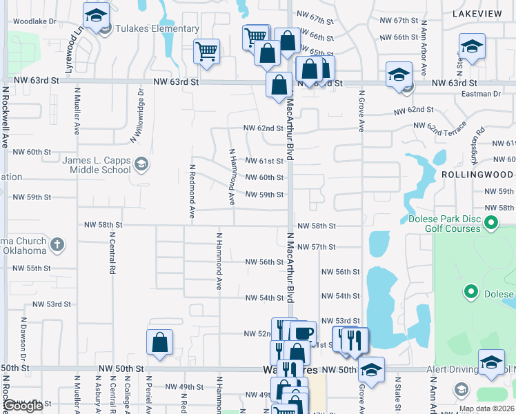 map of restaurants, bars, coffee shops, grocery stores, and more near 5933 Northwest 58th Terrace in Warr Acres