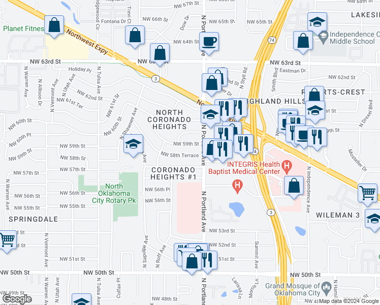 map of restaurants, bars, coffee shops, grocery stores, and more near 3717 Northwest 58th Terrace in Oklahoma City