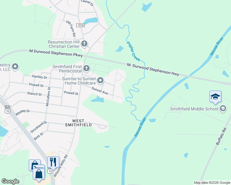 map of restaurants, bars, coffee shops, grocery stores, and more near 202 Hillcrest Drive in Smithfield