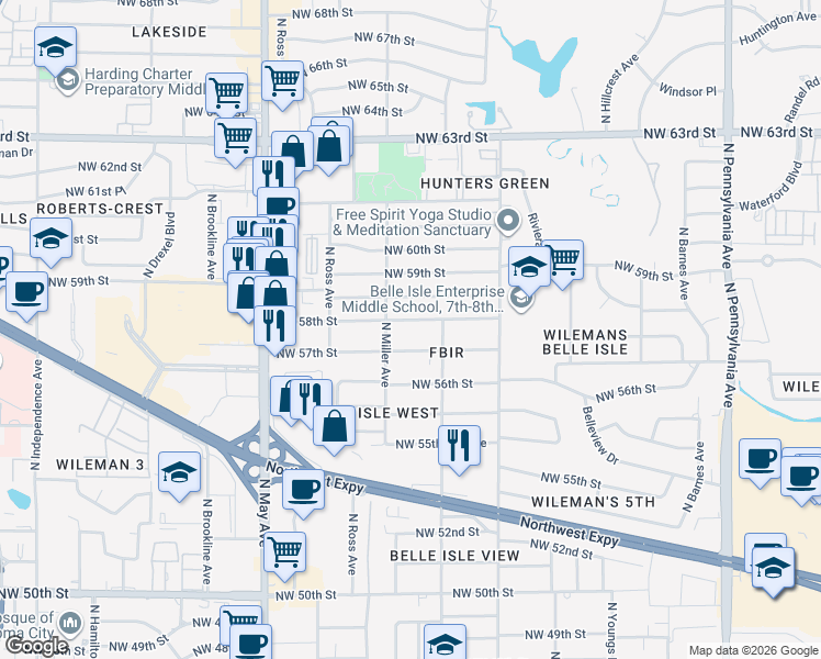 map of restaurants, bars, coffee shops, grocery stores, and more near 2628 Northwest 58th Street in Oklahoma City
