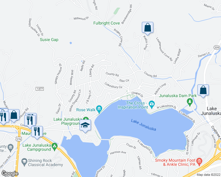 map of restaurants, bars, coffee shops, grocery stores, and more near 470 Oxford Road in Lake Junaluska