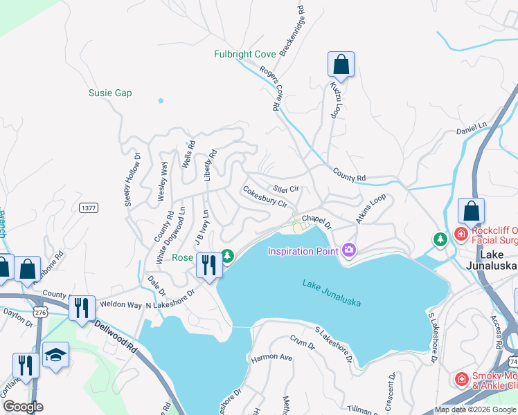 map of restaurants, bars, coffee shops, grocery stores, and more near 470 Oxford Road in Lake Junaluska