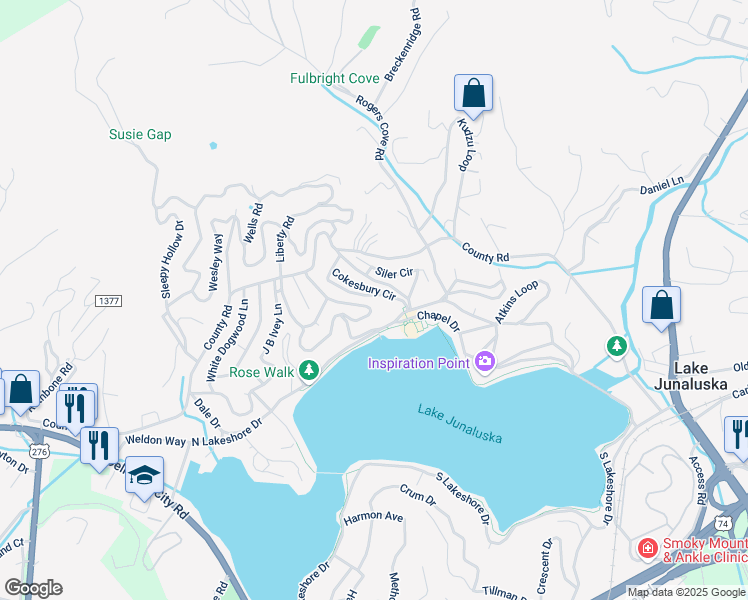 map of restaurants, bars, coffee shops, grocery stores, and more near 598 Burghard Circle in Lake Junaluska