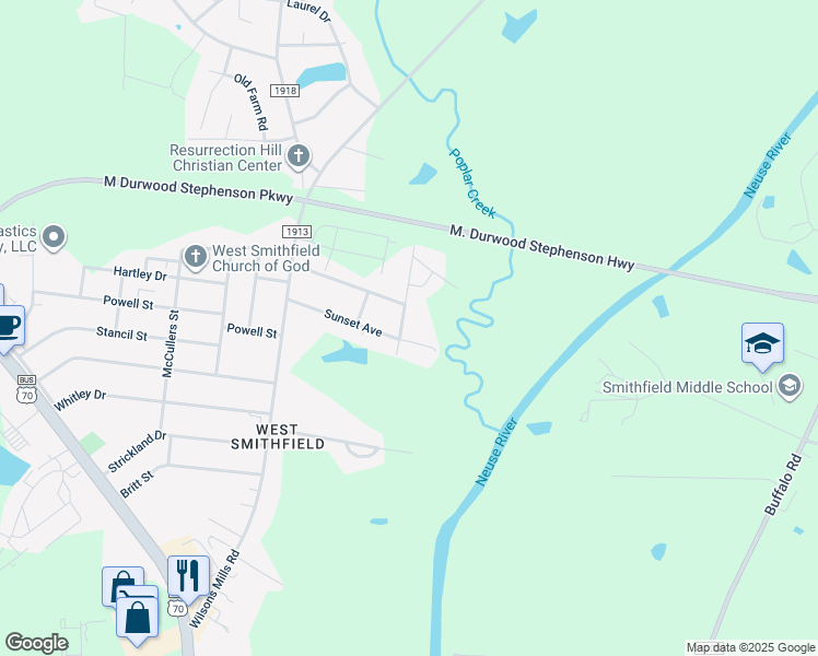 map of restaurants, bars, coffee shops, grocery stores, and more near 202 Hillcrest Drive in Smithfield