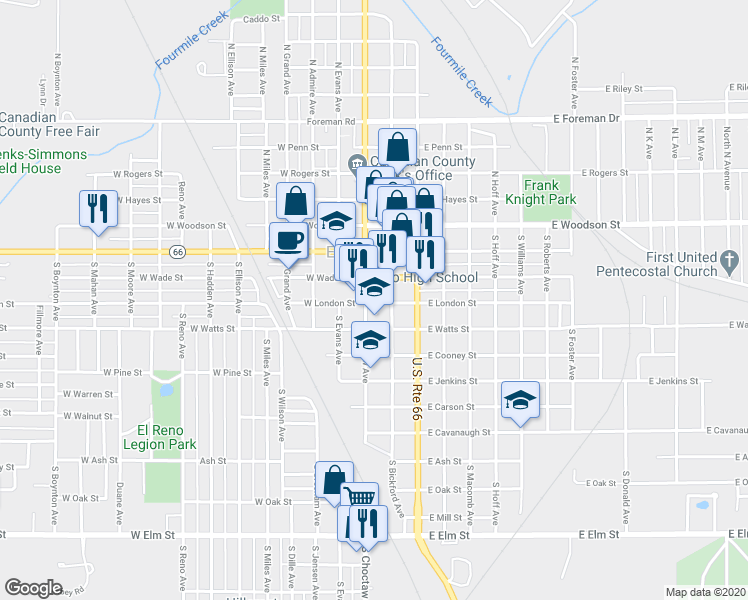 map of restaurants, bars, coffee shops, grocery stores, and more near 320 South Bickford Avenue in El Reno