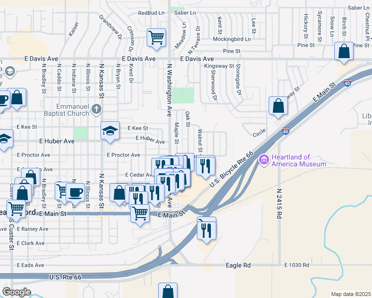 map of restaurants, bars, coffee shops, grocery stores, and more near 507 Oak Street in Weatherford