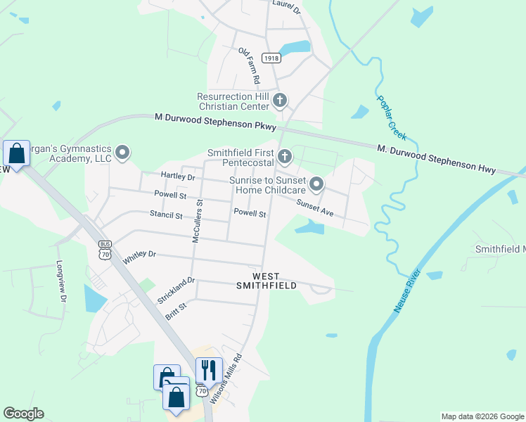 map of restaurants, bars, coffee shops, grocery stores, and more near 801 Wilsons Mills Road in Smithfield