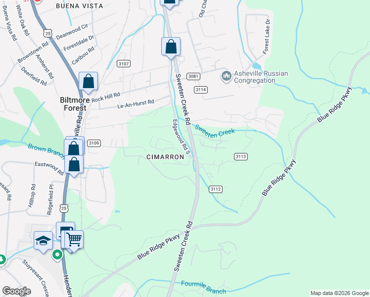 map of restaurants, bars, coffee shops, grocery stores, and more near 101 Cimarron Drive in Asheville