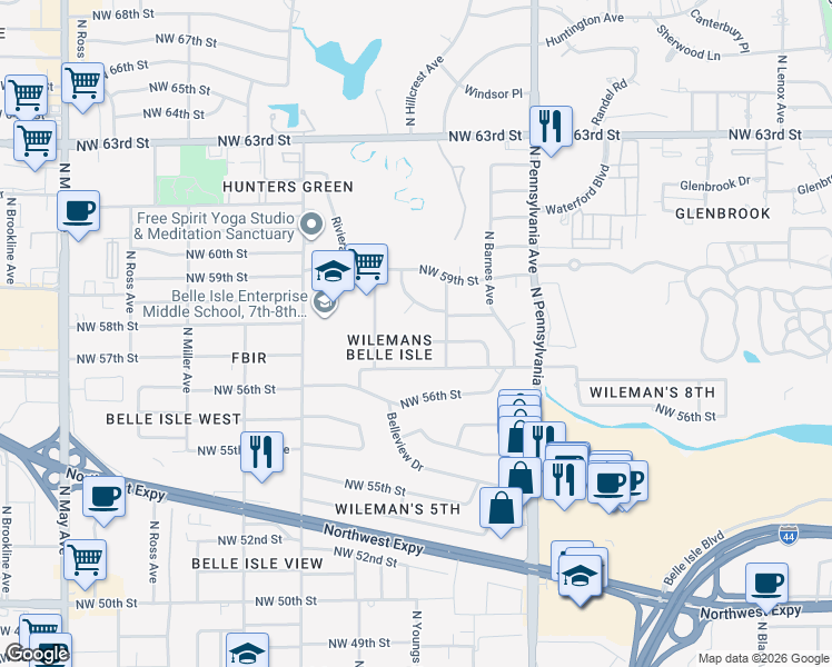 map of restaurants, bars, coffee shops, grocery stores, and more near 2317 Northwest 57th Street in Oklahoma City