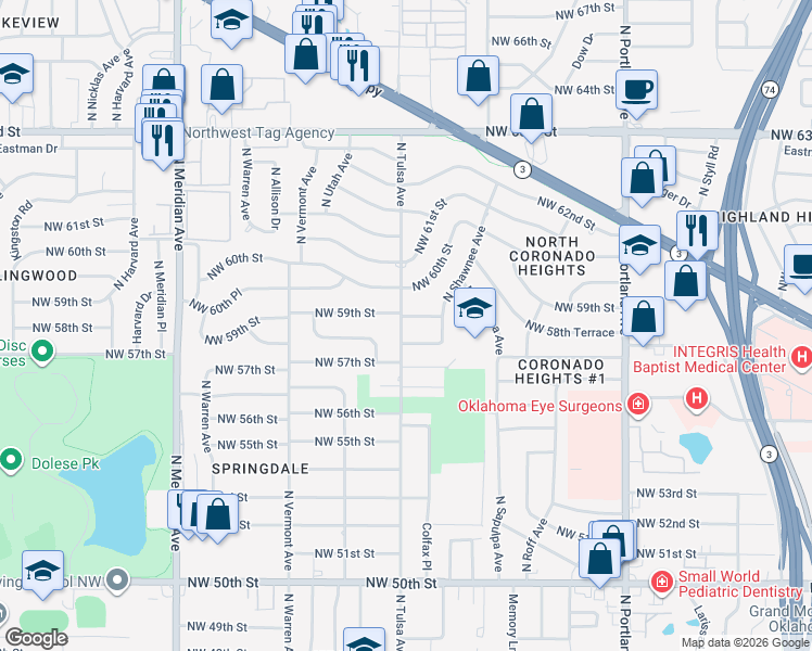 map of restaurants, bars, coffee shops, grocery stores, and more near 4010 Northwest 59th Street in Oklahoma City