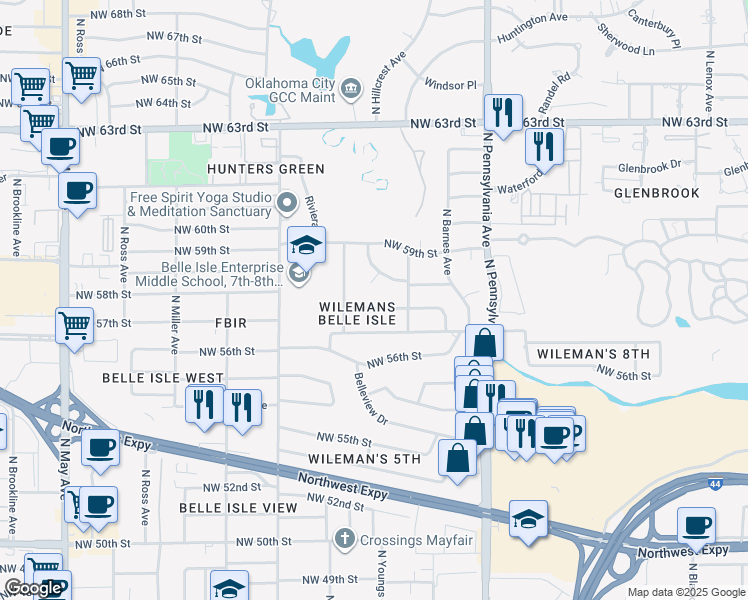 map of restaurants, bars, coffee shops, grocery stores, and more near 2317 Northwest 57th Street in Oklahoma City