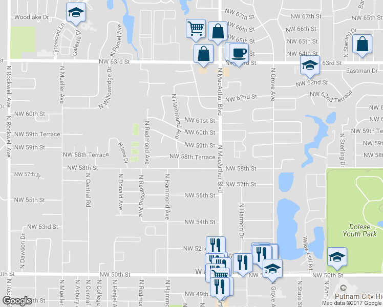 map of restaurants, bars, coffee shops, grocery stores, and more near 5941 Northwest 58th Terrace in Warr Acres