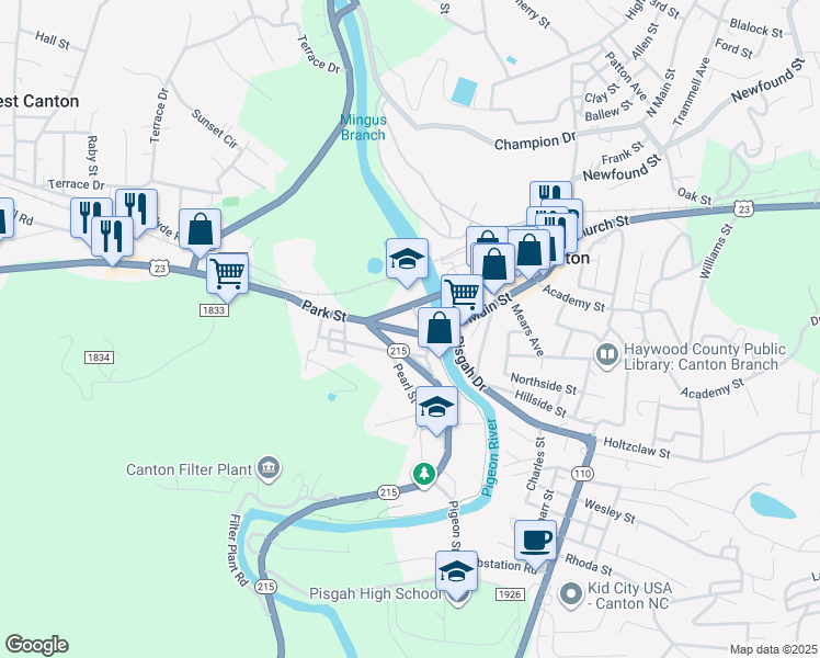 map of restaurants, bars, coffee shops, grocery stores, and more near 21 U.S. 19 in Canton