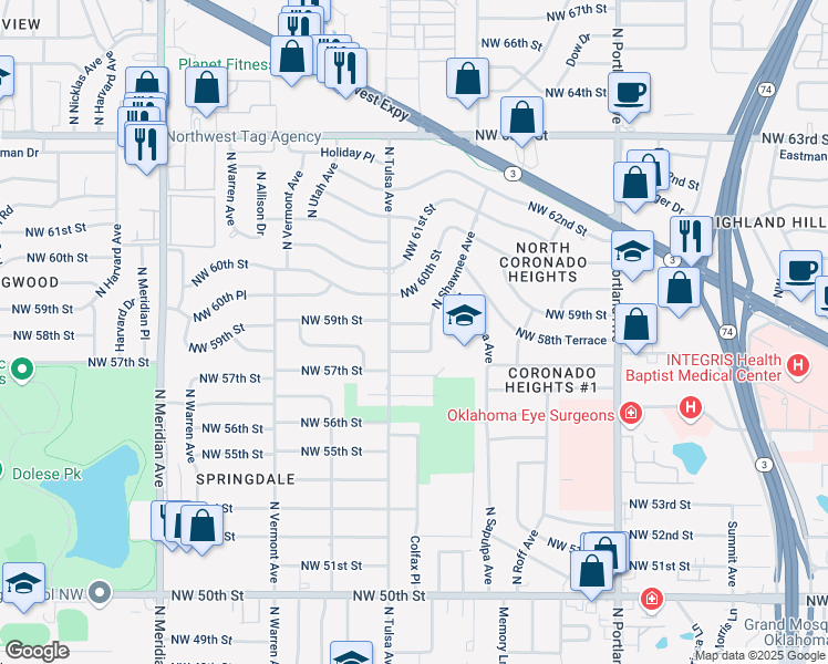 map of restaurants, bars, coffee shops, grocery stores, and more near 4010 Northwest 59th Street in Oklahoma City