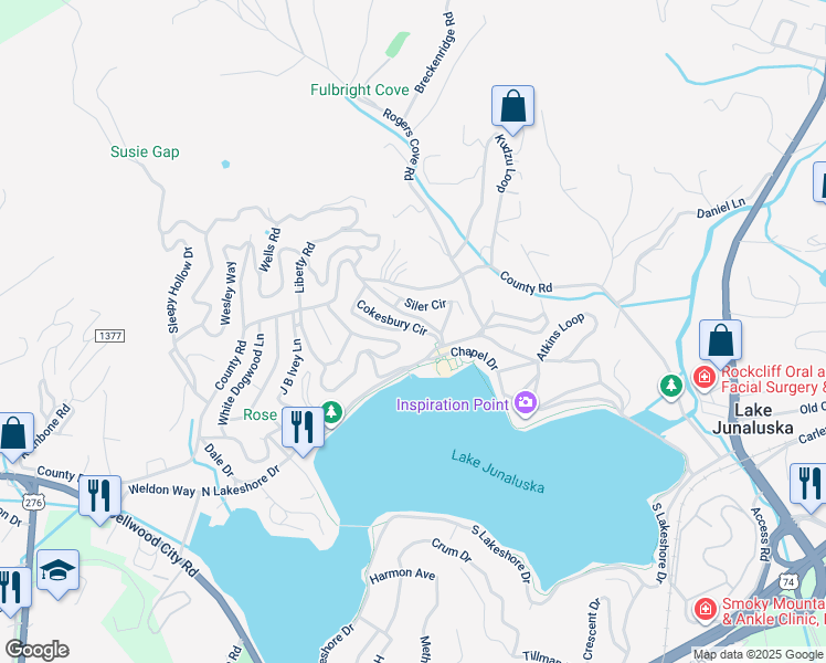 map of restaurants, bars, coffee shops, grocery stores, and more near 598 Burghard Circle in Lake Junaluska