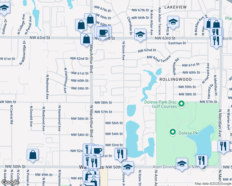 map of restaurants, bars, coffee shops, grocery stores, and more near 5617 Northwest 58th Terrace in Warr Acres