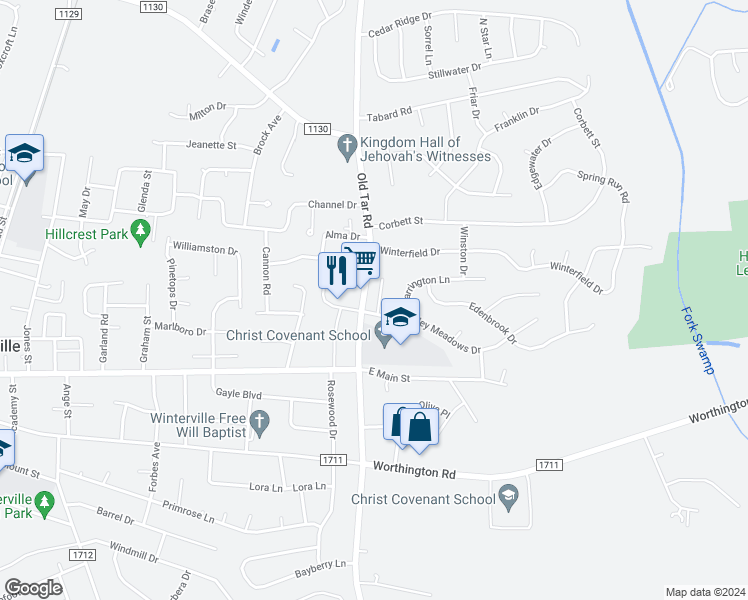 map of restaurants, bars, coffee shops, grocery stores, and more near 2428 Chippenham Court in Winterville