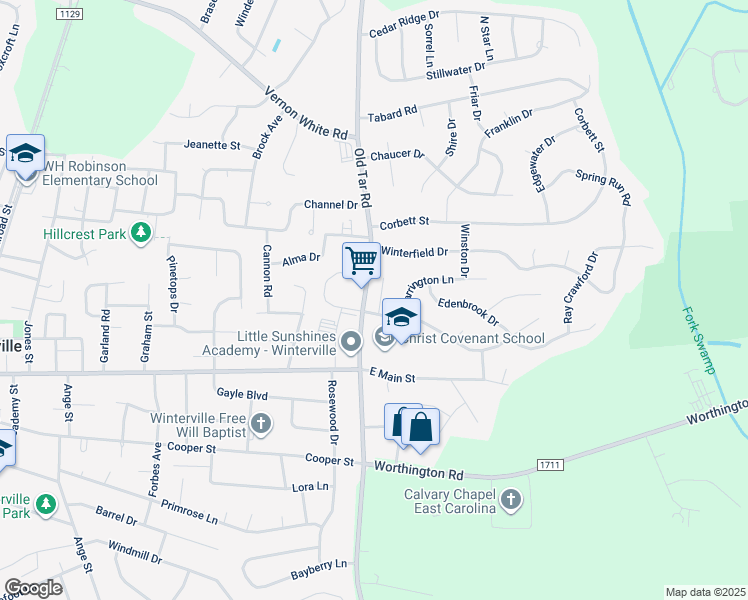 map of restaurants, bars, coffee shops, grocery stores, and more near 2428 Chippenham Court in Winterville