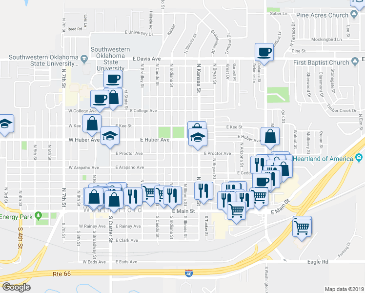 map of restaurants, bars, coffee shops, grocery stores, and more near 511 North Illinois Street in Weatherford