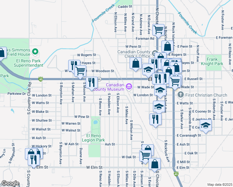 map of restaurants, bars, coffee shops, grocery stores, and more near 700 West London Street in El Reno
