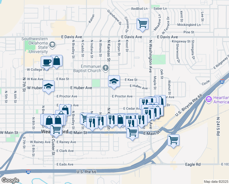 map of restaurants, bars, coffee shops, grocery stores, and more near 701 East Proctor Avenue in Weatherford