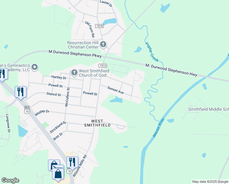 map of restaurants, bars, coffee shops, grocery stores, and more near 108 Sunset Avenue in Smithfield