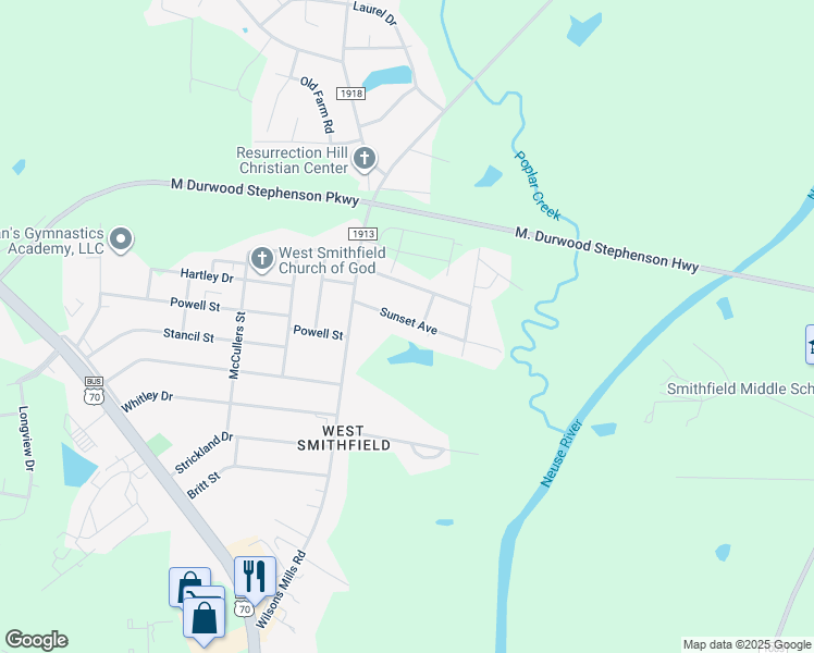 map of restaurants, bars, coffee shops, grocery stores, and more near 108 Sunset Avenue in Smithfield