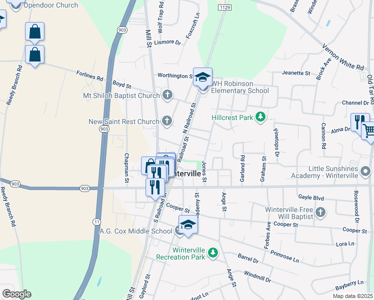 map of restaurants, bars, coffee shops, grocery stores, and more near Railroad Street in Greenville