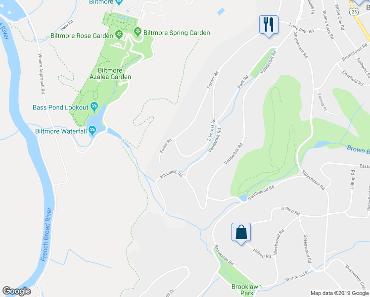 map of restaurants, bars, coffee shops, grocery stores, and more near 27 East Forest Road in Asheville