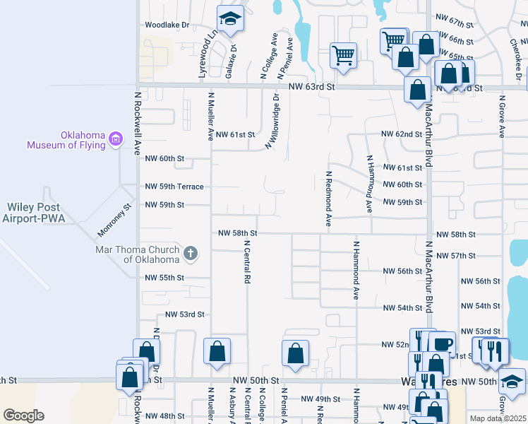 map of restaurants, bars, coffee shops, grocery stores, and more near 5920 North College Street in Warr Acres