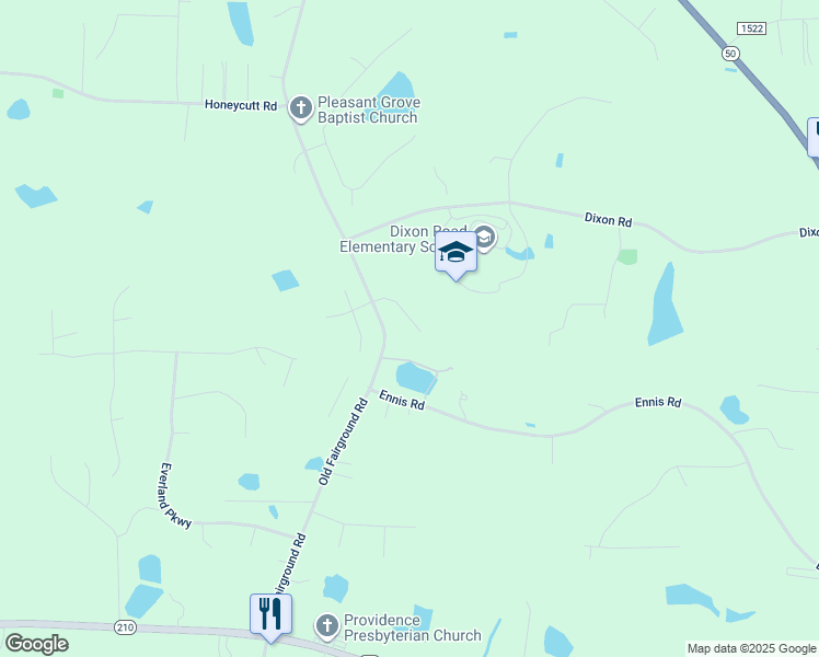 map of restaurants, bars, coffee shops, grocery stores, and more near 124 Airlie Place Lane in Johnston County