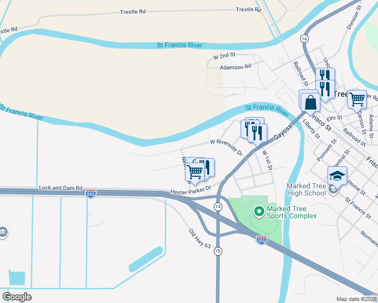 map of restaurants, bars, coffee shops, grocery stores, and more near 213 West Riverside Drive in Marked Tree
