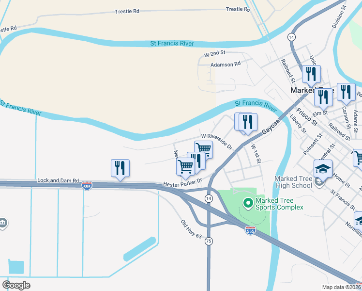 map of restaurants, bars, coffee shops, grocery stores, and more near 213 West Riverside Drive in Marked Tree