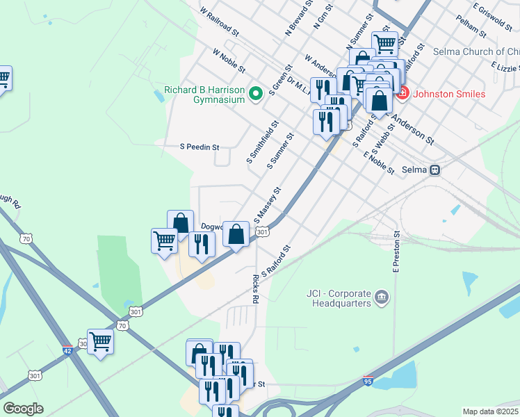 map of restaurants, bars, coffee shops, grocery stores, and more near 810 South Massey Street in Selma
