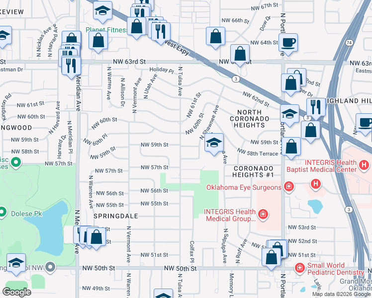map of restaurants, bars, coffee shops, grocery stores, and more near 4010 Northwest 59th Street in Oklahoma City