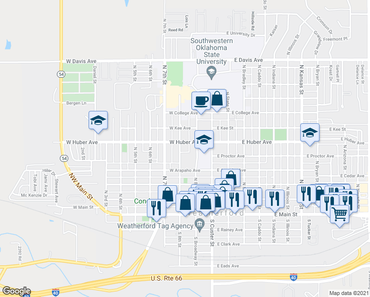 map of restaurants, bars, coffee shops, grocery stores, and more near 516 North 8th Street in Weatherford