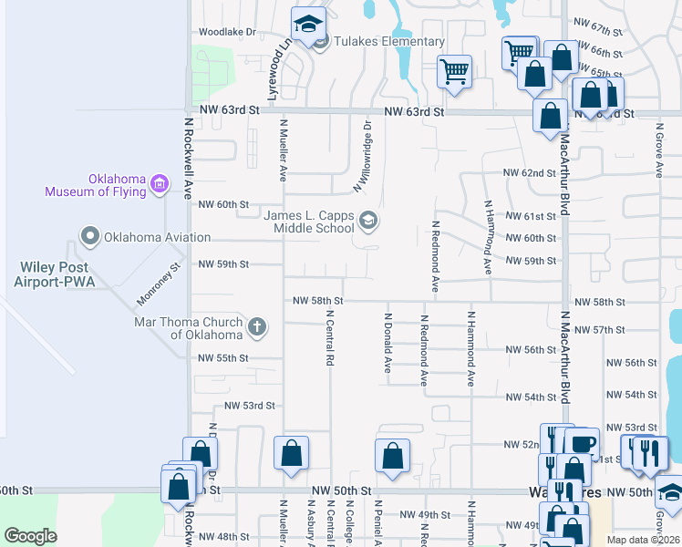 map of restaurants, bars, coffee shops, grocery stores, and more near 5920 North College Street in Warr Acres