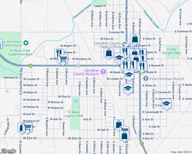 map of restaurants, bars, coffee shops, grocery stores, and more near 700 West London Street in El Reno