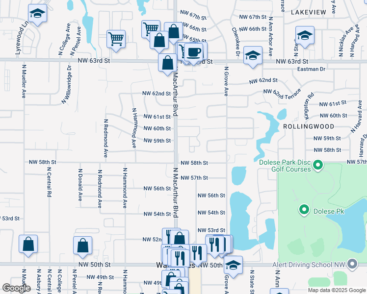 map of restaurants, bars, coffee shops, grocery stores, and more near 6000 North Macarthur Boulevard in Warr Acres