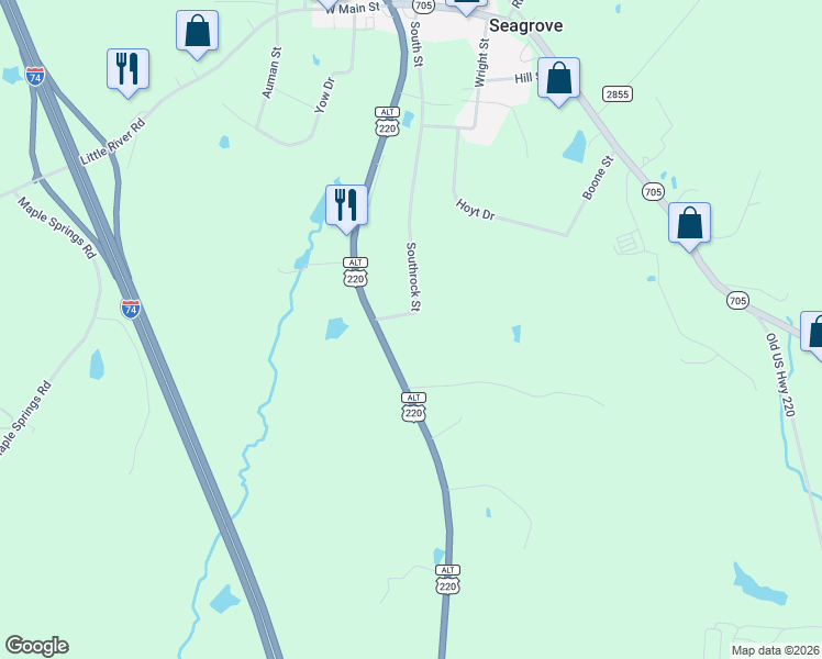 map of restaurants, bars, coffee shops, grocery stores, and more near 5963 Southrock Street in Seagrove