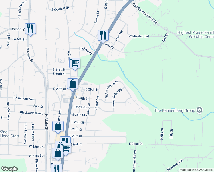 map of restaurants, bars, coffee shops, grocery stores, and more near 209 Hickory Wood Drive in Kannapolis