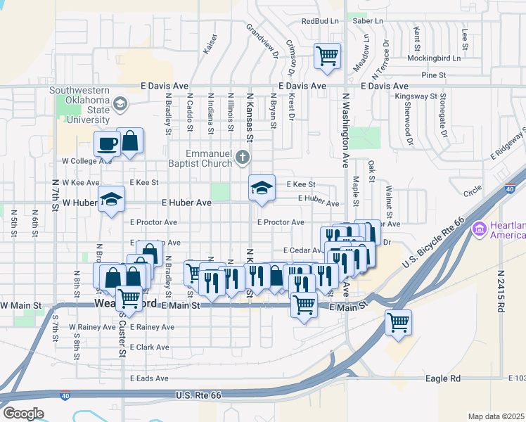 map of restaurants, bars, coffee shops, grocery stores, and more near 701 East Proctor Avenue in Weatherford