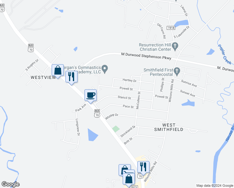 map of restaurants, bars, coffee shops, grocery stores, and more near 302 Stancil Street in Smithfield