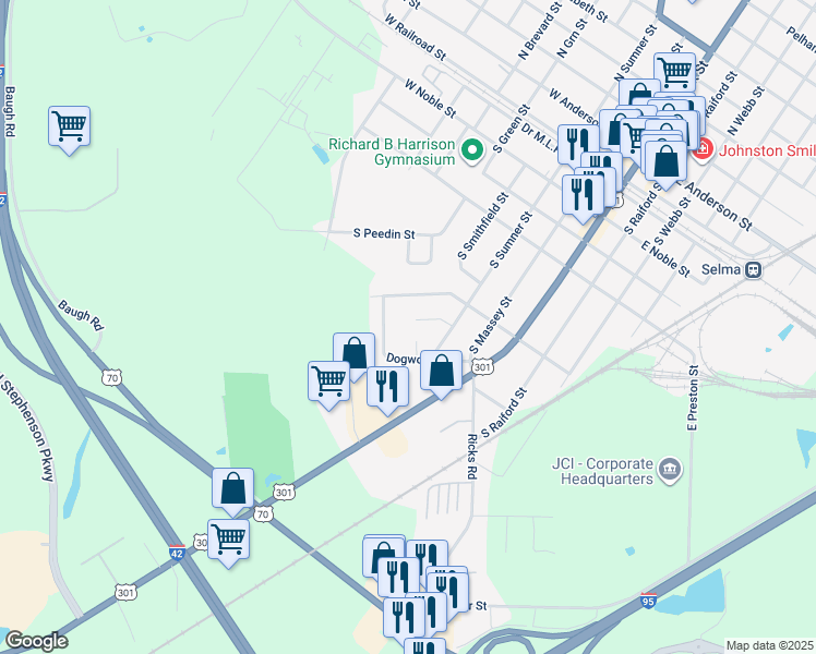 map of restaurants, bars, coffee shops, grocery stores, and more near 407 Reid Circle in Selma